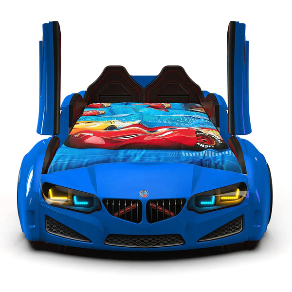 A very stylishly designed blue race car bed with doors opened upwards.