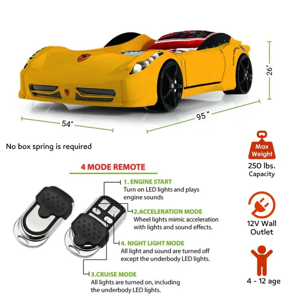SPYDER Twin Race Car Bed with LED Lights & Sound FX specifications
