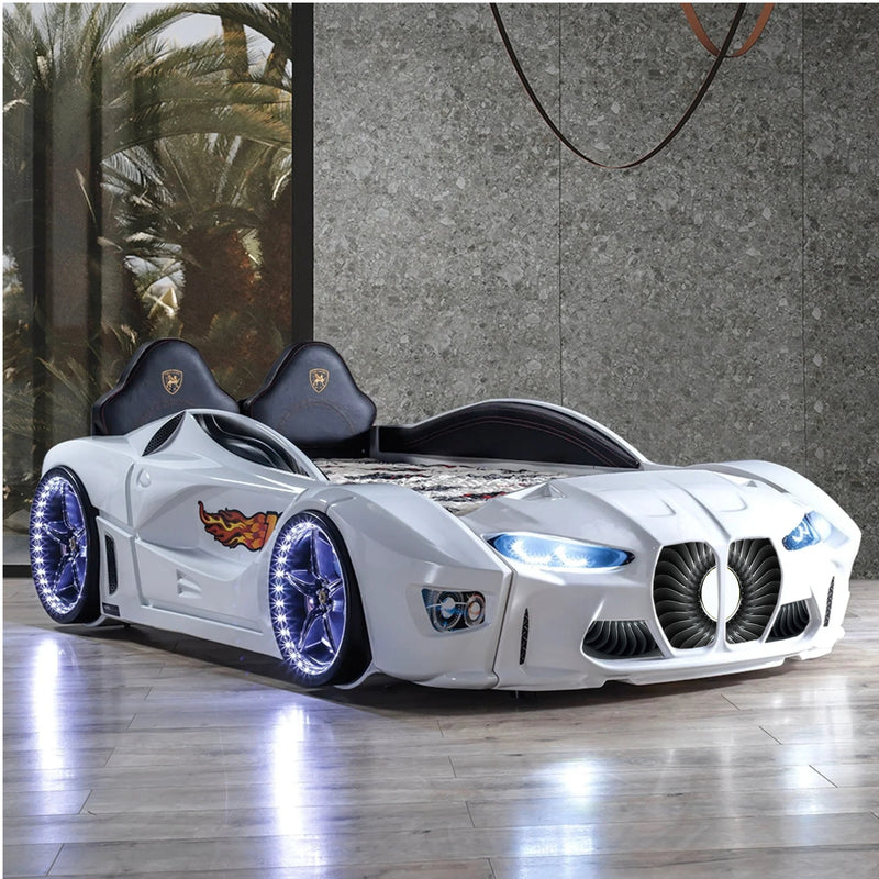 GTM Twin Race Car Bed with LED Lights &amp; Sound FX