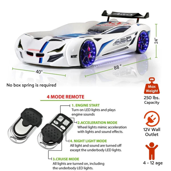 MNV1 FULLTIME Race Car Bed with LED Lights & Sound FX key features