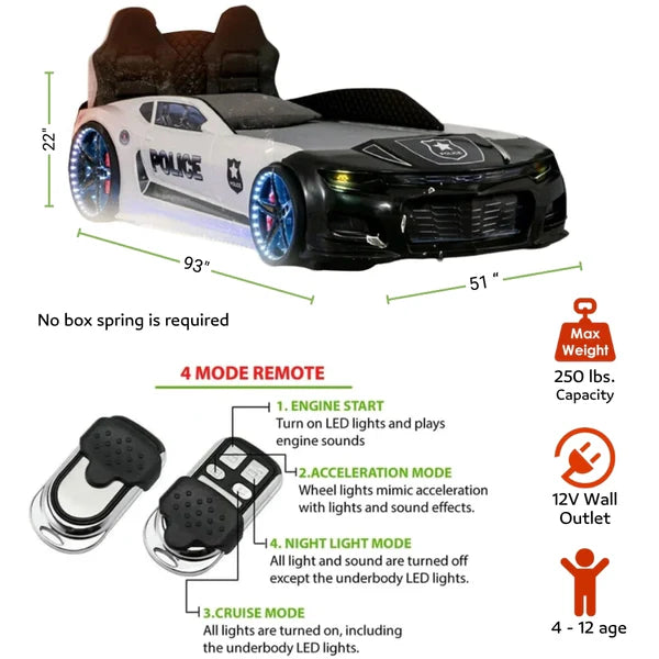 Police Champion Race Car Bed (should lean back seat) key features