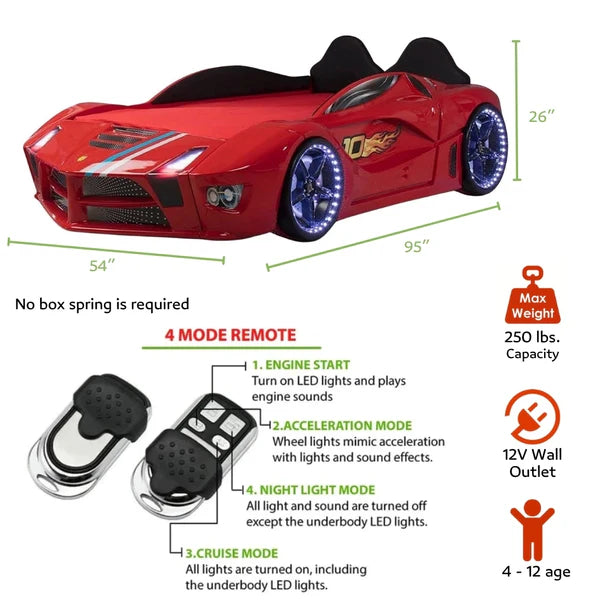 MOON Luxury Twin Race Car Bed with LED Lights & Sound FX key features