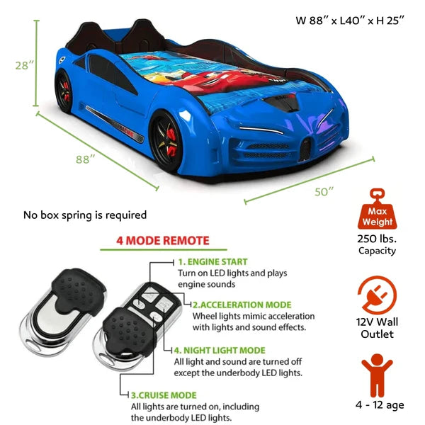 SPEEDY RX Twin Race Car Bed with LED Lights & Sound FX key features
