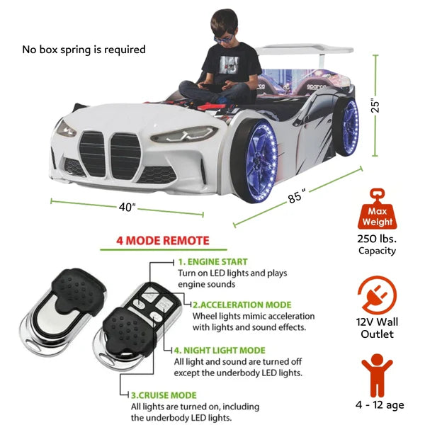 GTX Twin Race Car Bed with LED Lights & Sound FX specifications