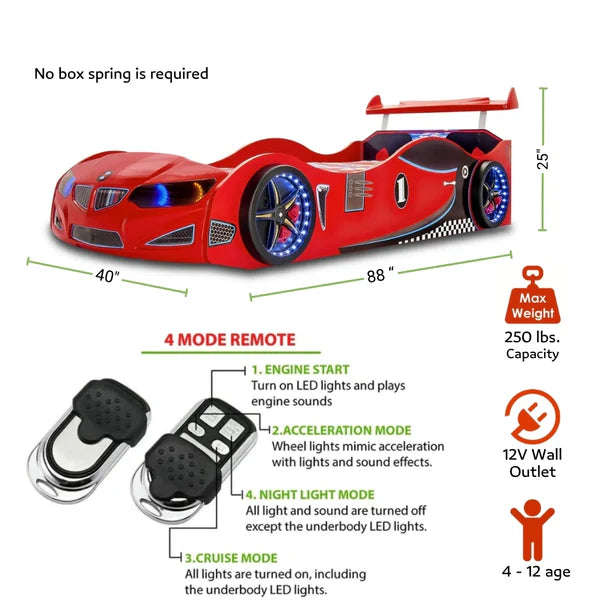 GT1 Twin Race Car Bed with LED Lights & Sounds FX specifications