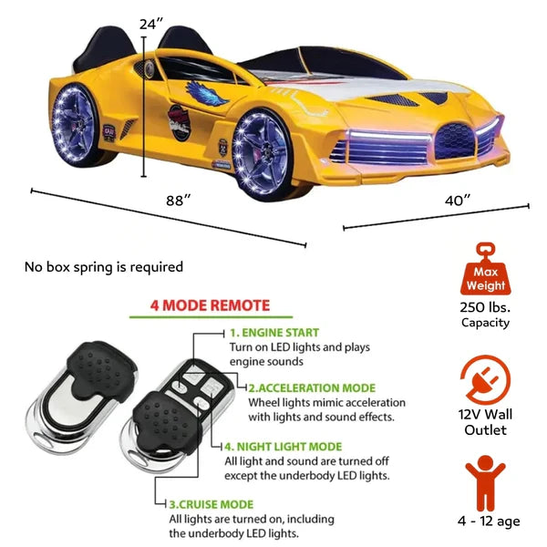 AERO EXTREME Twin Race Car Bed with LED Lights & Sound FX, FREE Mattress Included specifications