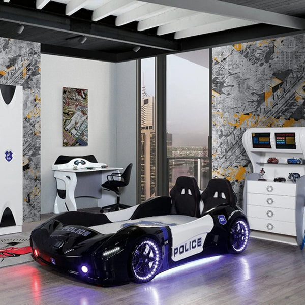 POLICE Twin Race Car Bed with LED Lights & Sound FX